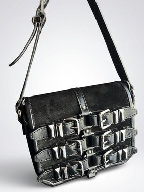 The Kooples Emily AFS901 Black Leather Suede 6-Buckle Crossbody Bag 8”